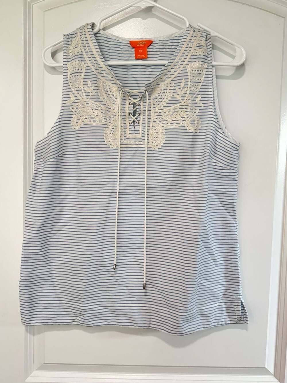 Coastal Nautical Stripe Embroidered Lace Up Boho Resort Tank Top Women’s S